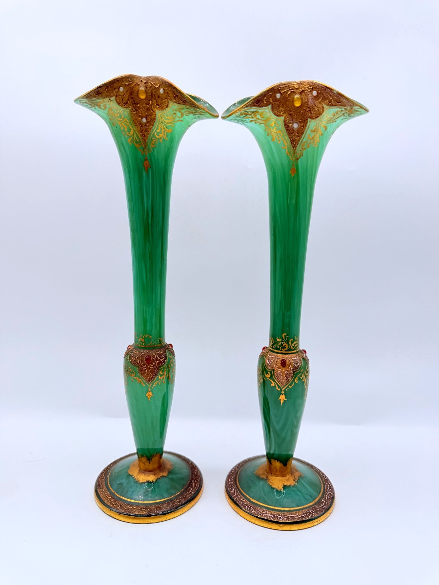 Pair Of Art Nouveau Opaline Vases In Malachite Colour Moser,harrach.