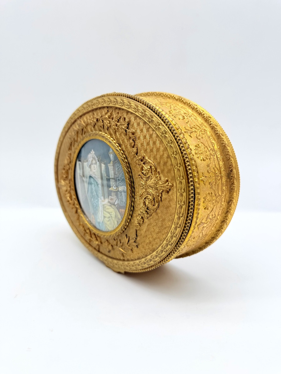 Grand coffret ancien français en bronze doré avec portrait peint,XIXe-photo-2