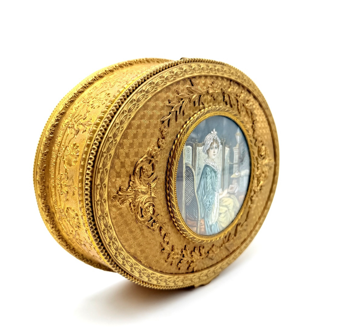 Grand coffret ancien français en bronze doré avec portrait peint,XIXe-photo-4