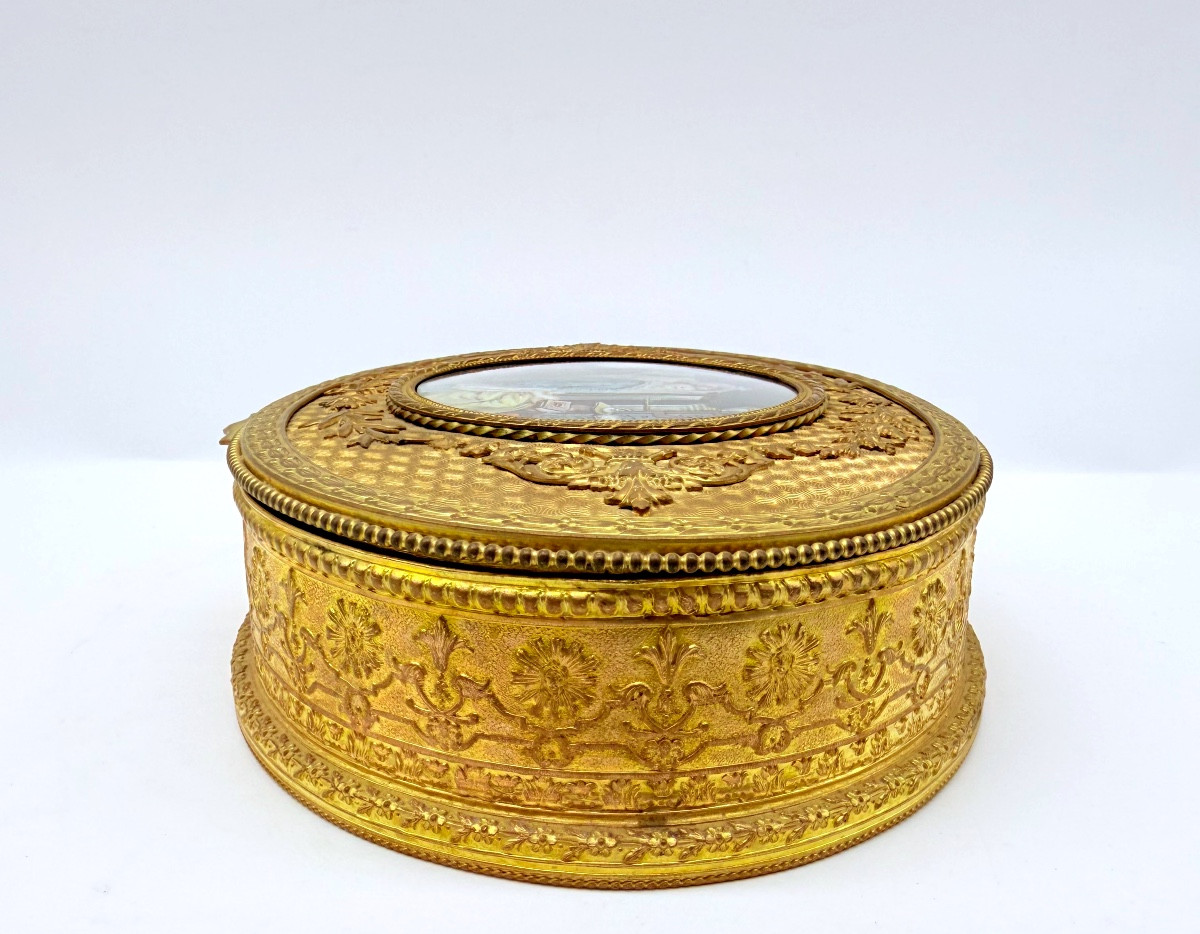 Grand coffret ancien français en bronze doré avec portrait peint,XIXe-photo-2