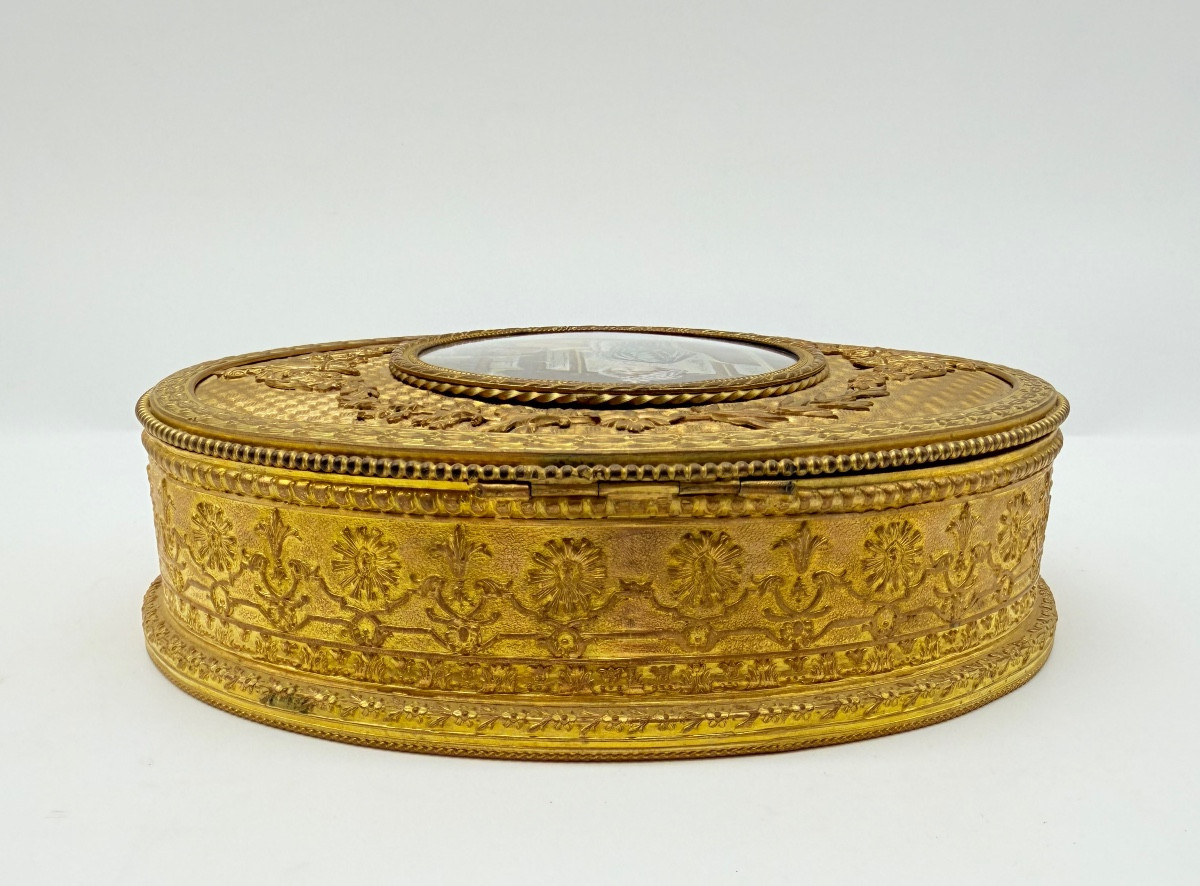 Grand coffret ancien français en bronze doré avec portrait peint,XIXe-photo-3