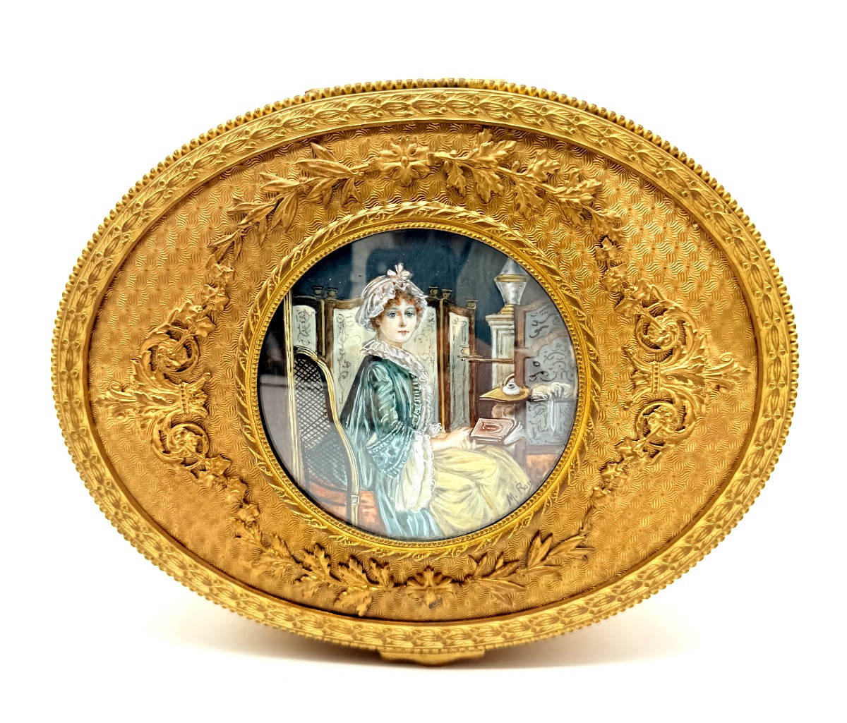 Grand coffret ancien français en bronze doré avec portrait peint,XIXe-photo-5