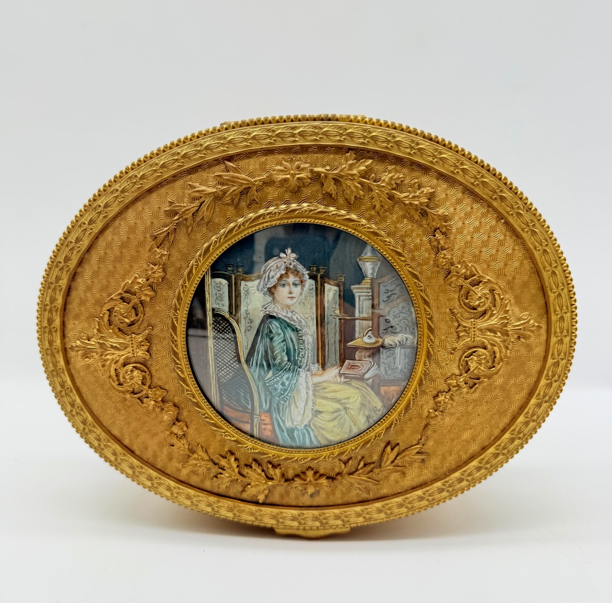 Grand coffret ancien français en bronze doré avec portrait peint,XIXe