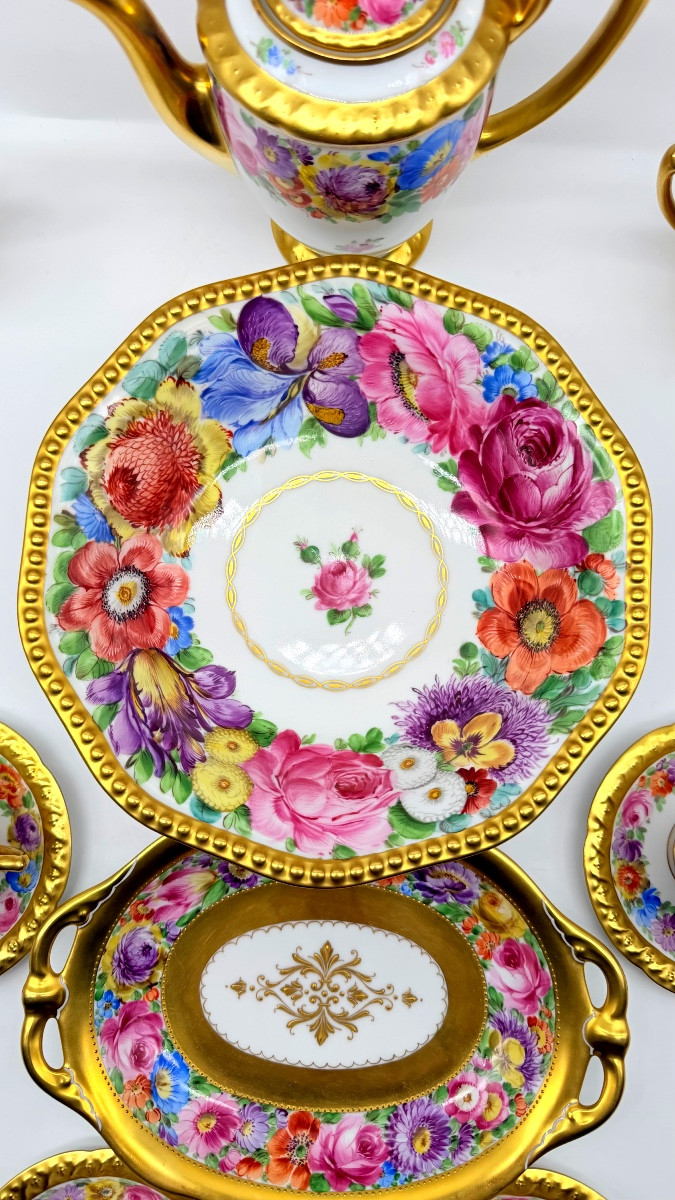 Service à café pour 6 personnes,  Dresden porcelaine décor floral, dorures-photo-2