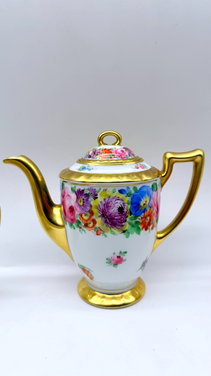 Service à café pour 6 personnes,  Dresden porcelaine décor floral, dorures-photo-4
