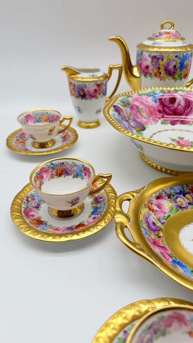 Service à café pour 6 personnes,  Dresden porcelaine décor floral, dorures-photo-7