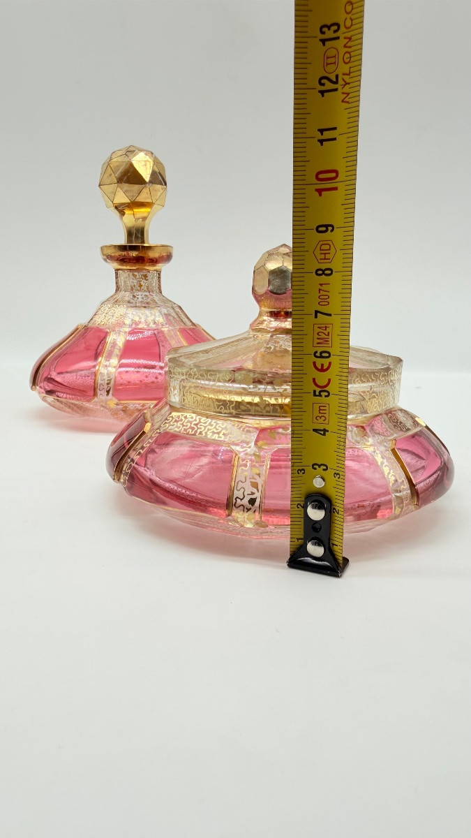  Moser Cabochon Glass Set Perfume Bottle And Covered Box.-photo-1