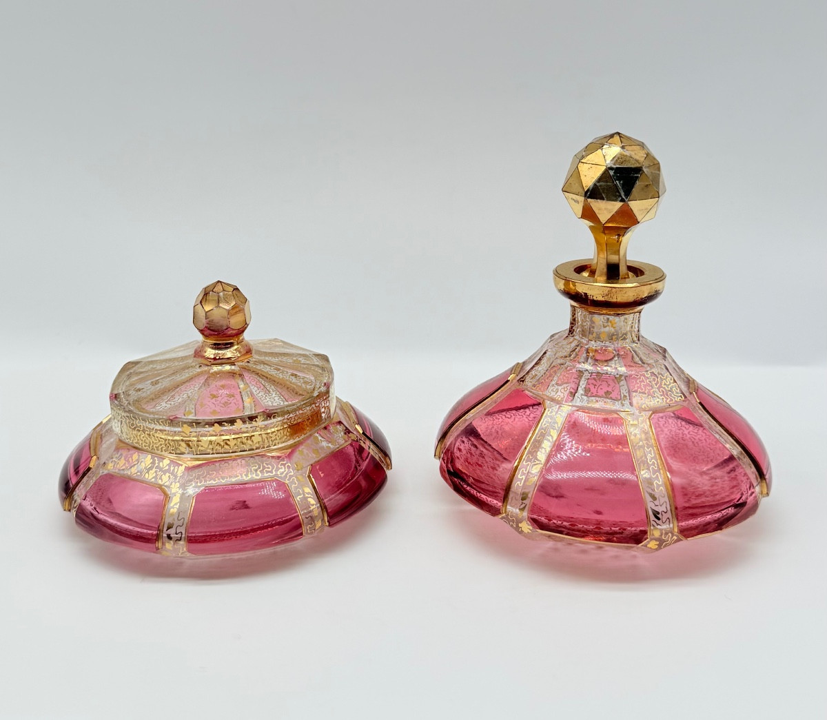  Moser Cabochon Glass Set Perfume Bottle And Covered Box.