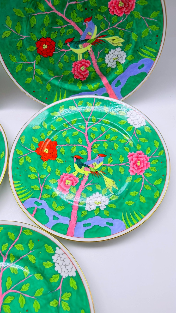 Set Of 8 Herend Macao Verdi Chinoiserie Mandarin Porcelain Plates-photo-4
