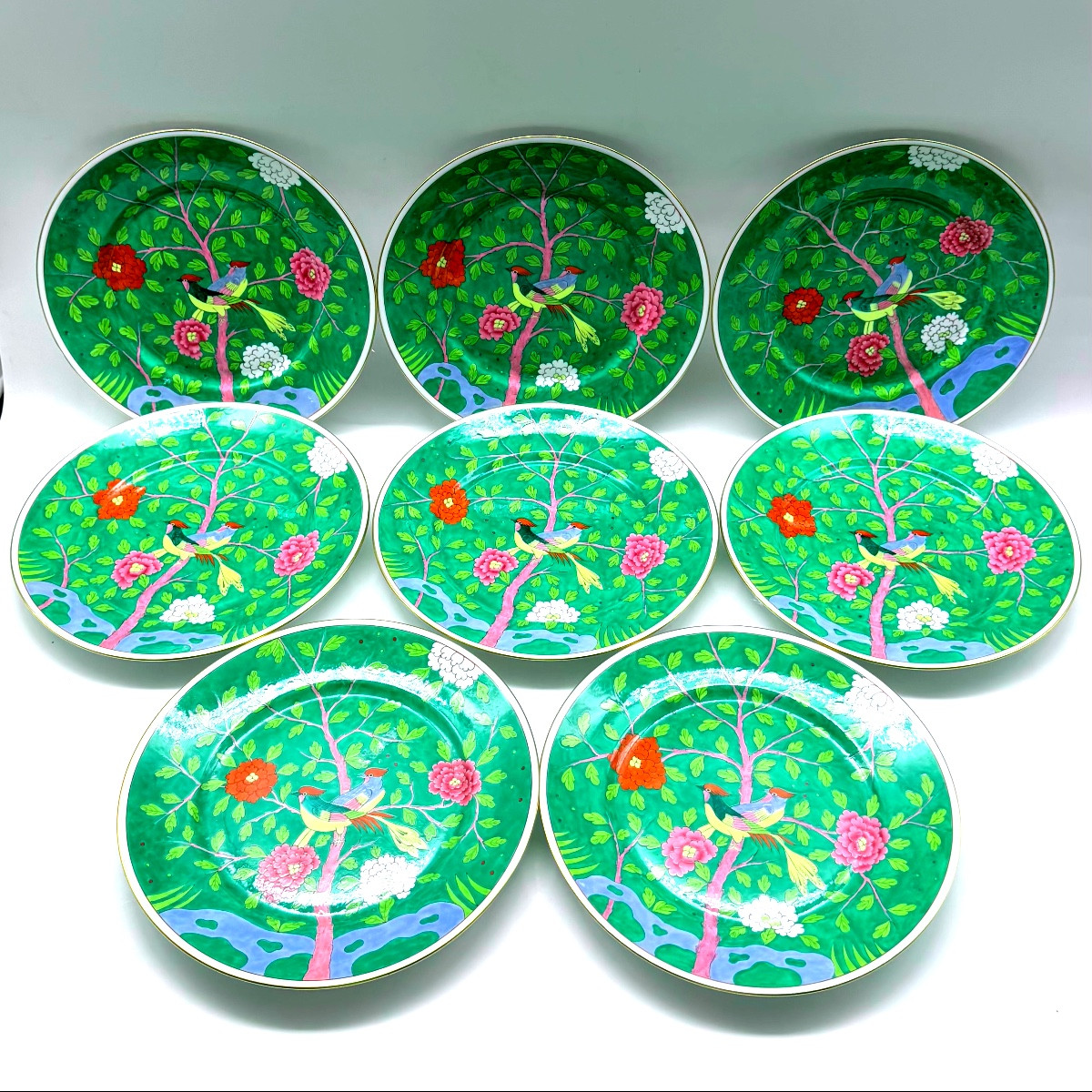 Set Of 8 Herend Macao Verdi Chinoiserie Mandarin Porcelain Plates-photo-6