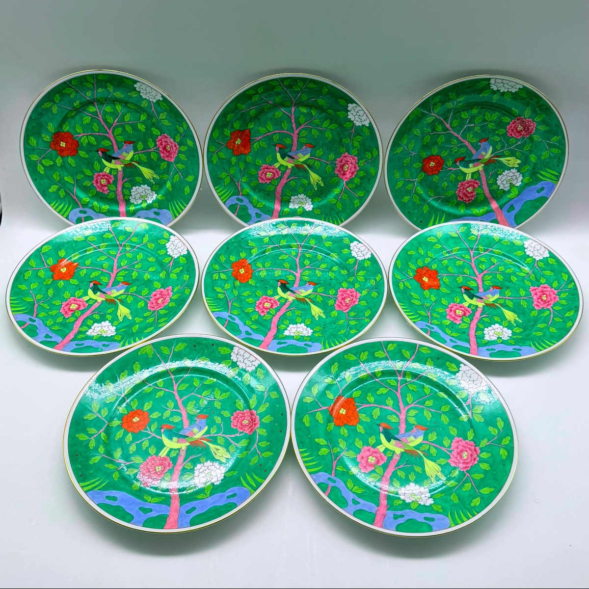 Set Of 8 Herend Macao Verdi Chinoiserie Mandarin Porcelain Plates