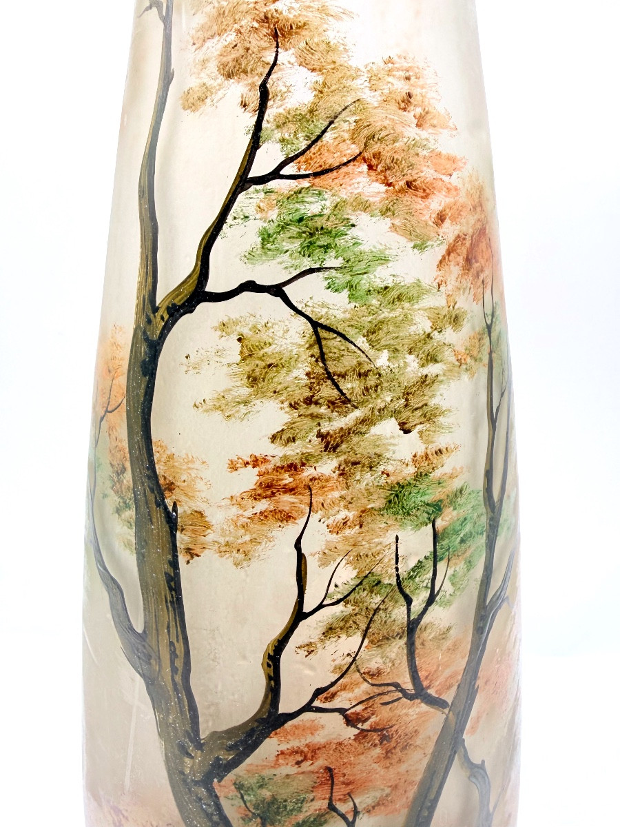 Art Nouveau Vase balustre en verre orange à décor émaillé d’un paysage lacustre,signé LEUNE -photo-2