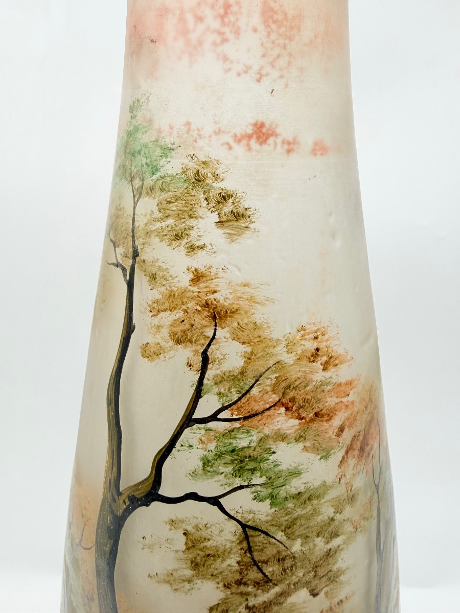 Art Nouveau Vase balustre en verre orange à décor émaillé d’un paysage lacustre,signé LEUNE -photo-4