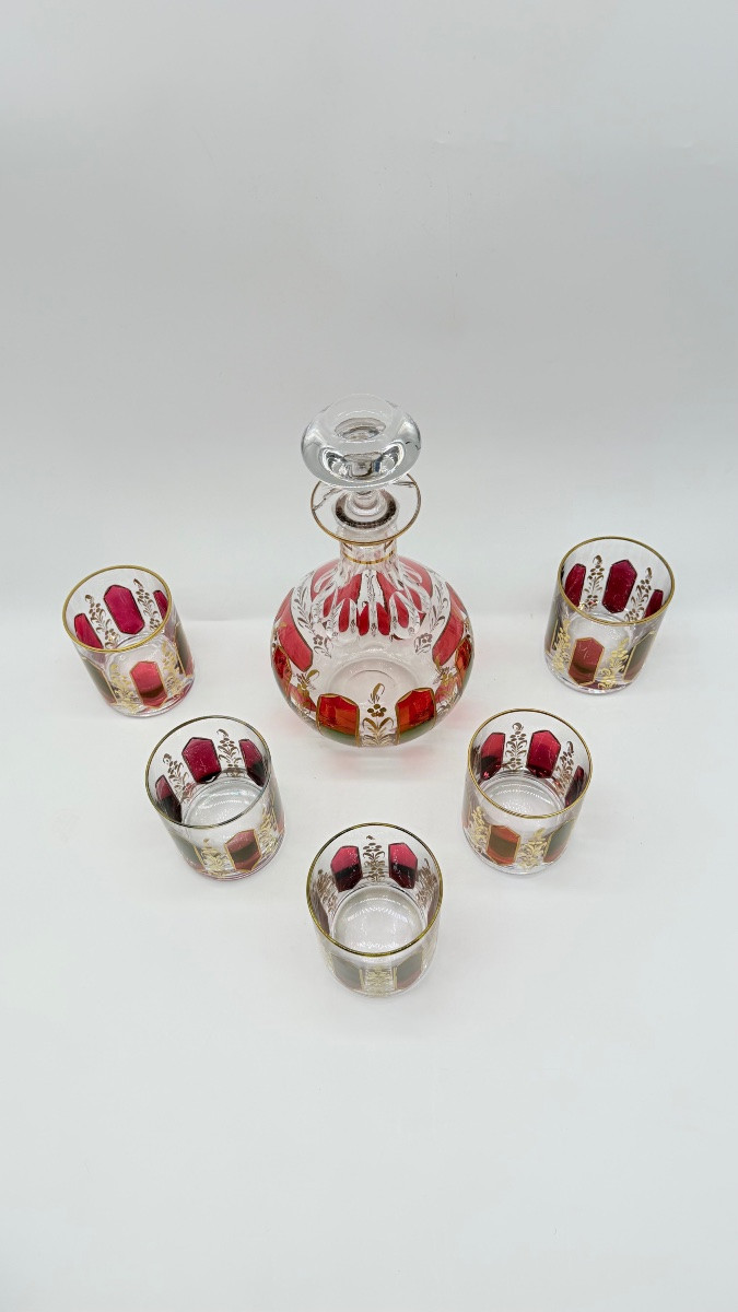Antique Moser Cabochon Glass Set Decanter With 5glasses-photo-2