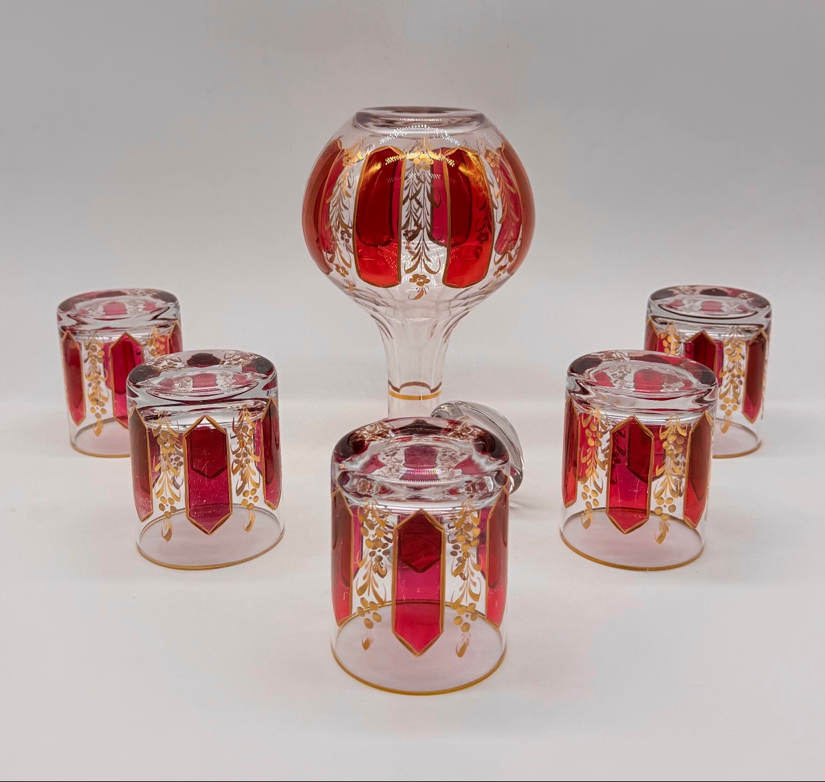 Antique Moser Cabochon Glass Set Decanter With 5glasses-photo-7