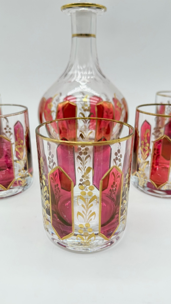Antique Moser Cabochon Glass Set Decanter With 5glasses-photo-8