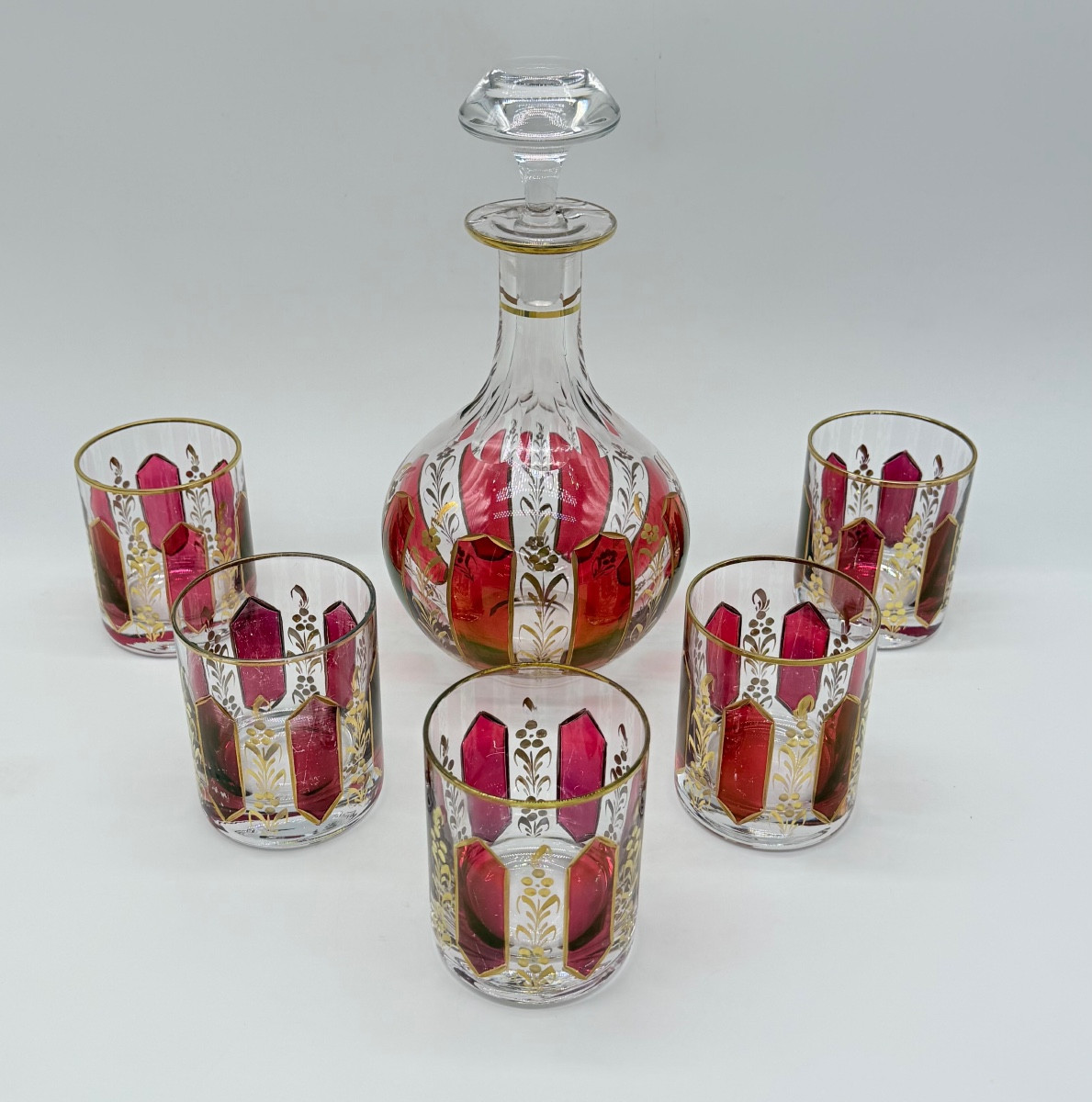 Antique Moser Cabochon Glass Set Decanter With 5glasses