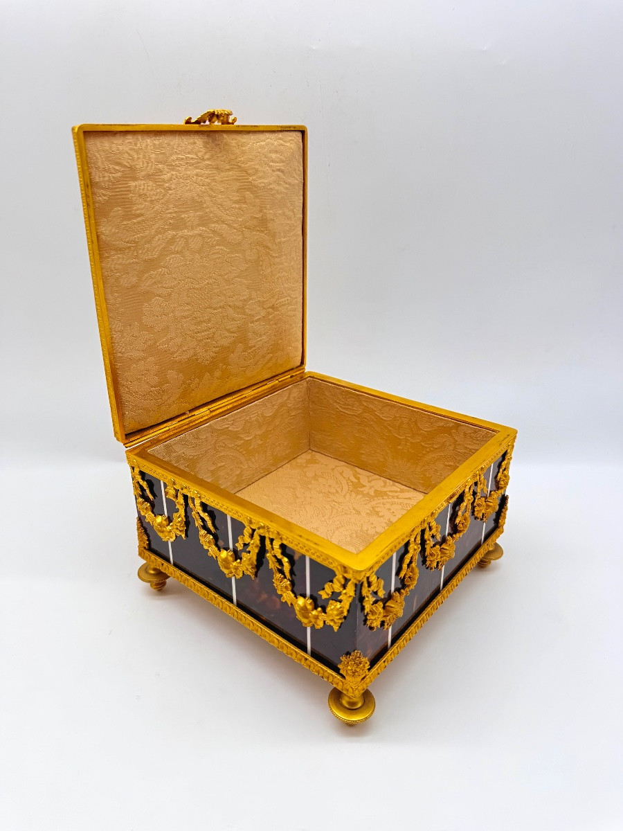 Grande boîte en bronze et écaille de tortue datant de l'époque napoléonienne-photo-3