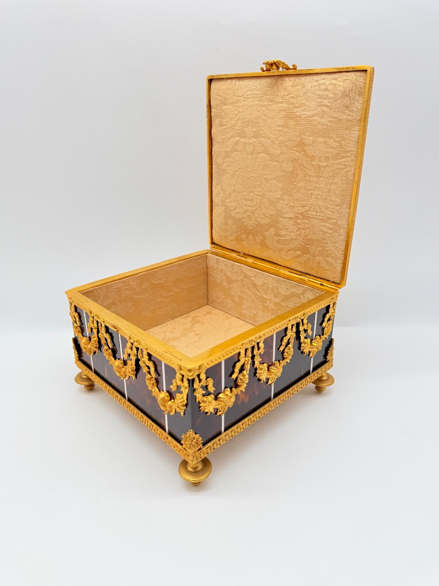 Grande boîte en bronze et écaille de tortue datant de l'époque napoléonienne-photo-4