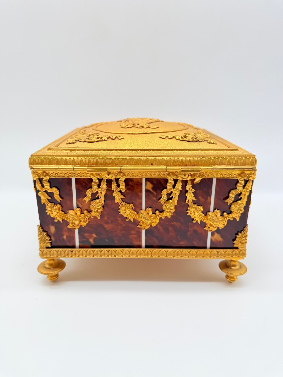 Grande boîte en bronze et écaille de tortue datant de l'époque napoléonienne-photo-7