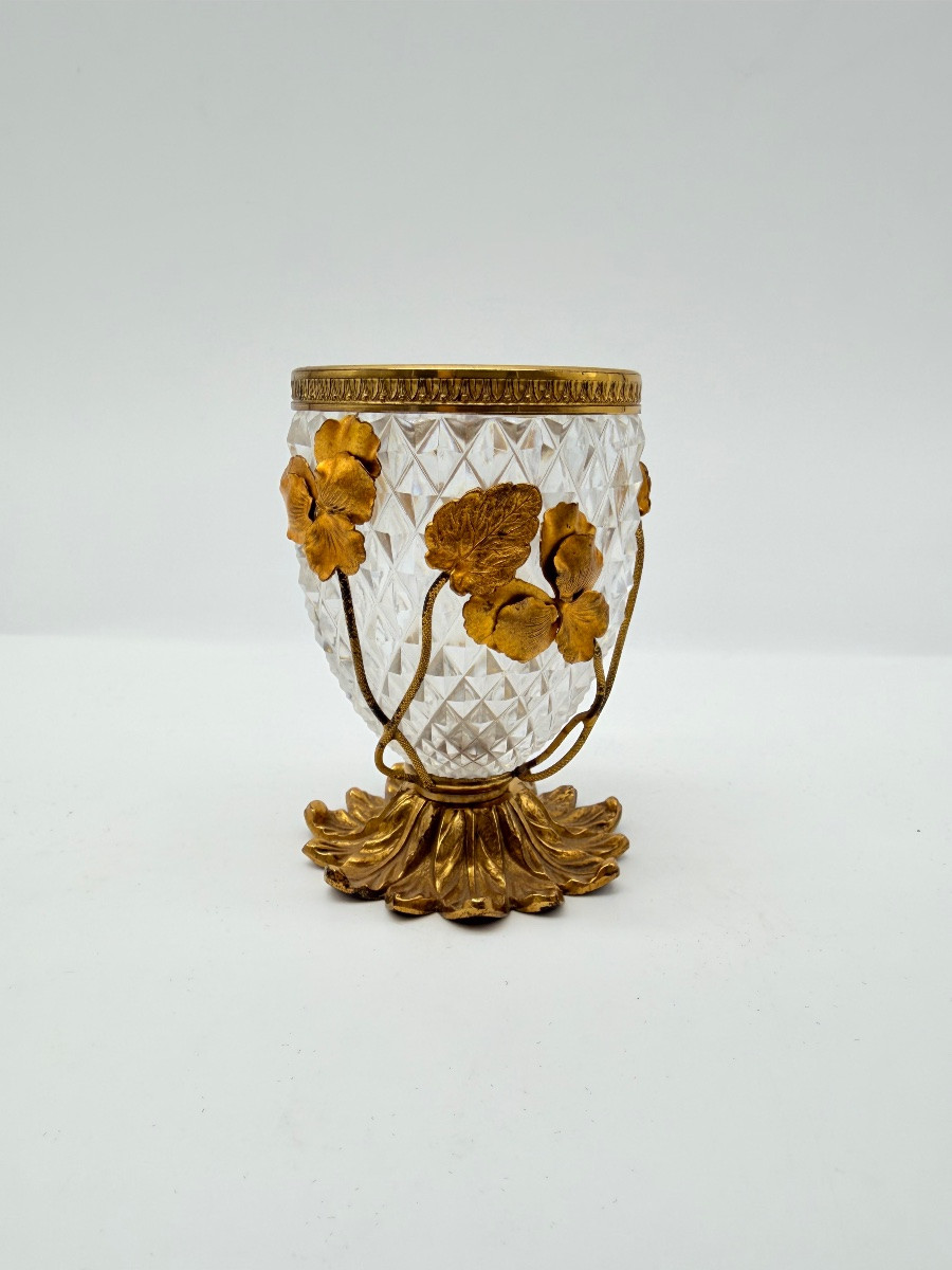 Antique Baccarat Crystal Glass Vase Bronze Doré Floral Attached Decor-photo-8