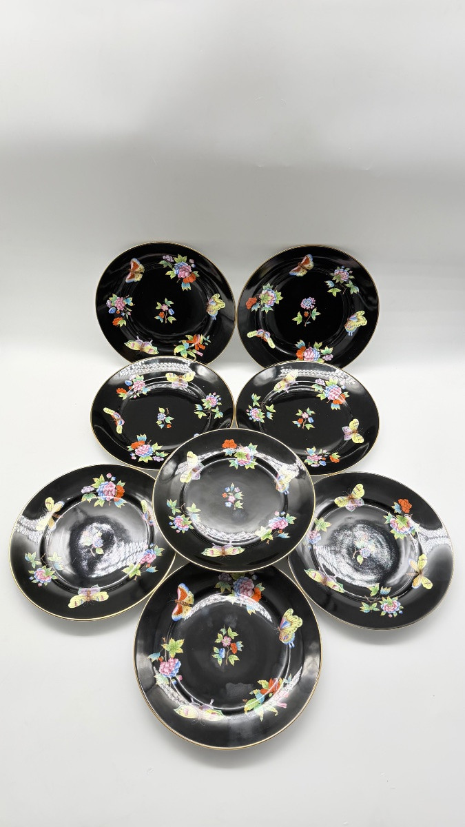 Set Of 5herend Plates Black Victoria Or Floral Butterflies Motif -photo-3