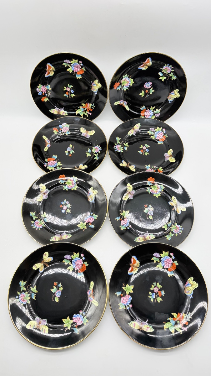 Set Of 5herend Plates Black Victoria Or Floral Butterflies Motif -photo-4