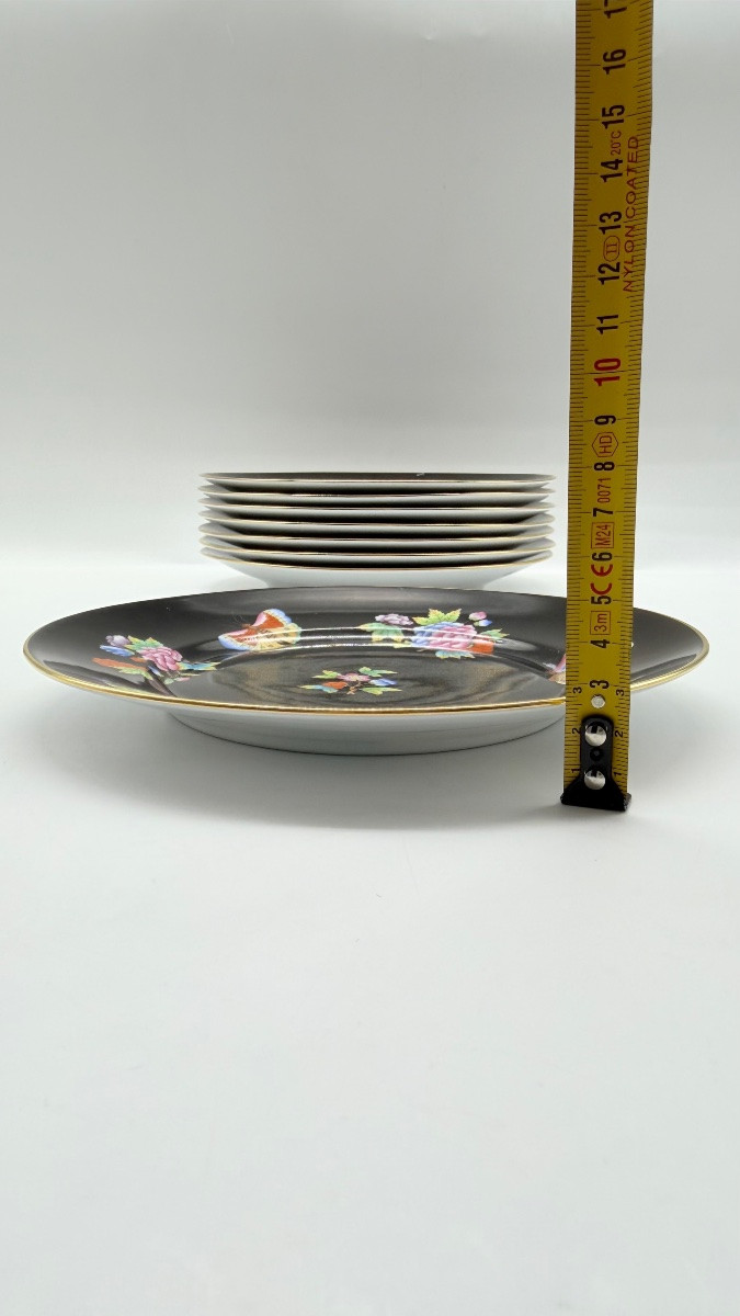 Set Of 5herend Plates Black Victoria Or Floral Butterflies Motif -photo-1