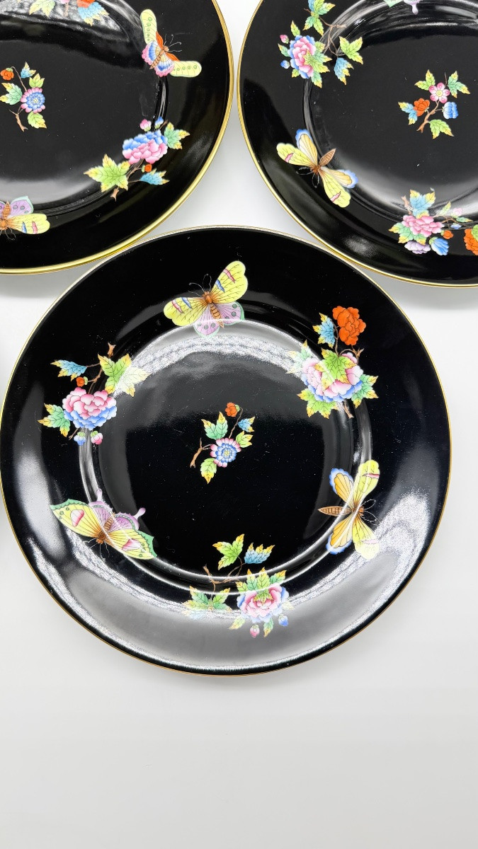 Set Of 5herend Plates Black Victoria Or Floral Butterflies Motif -photo-4