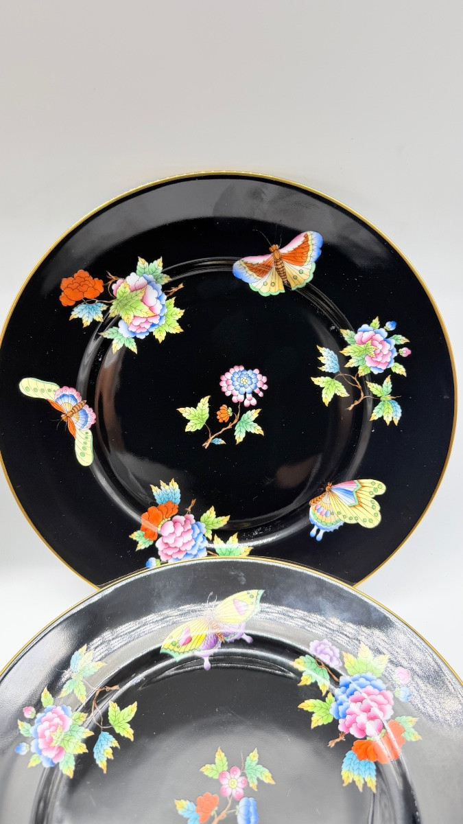 Set Of 5herend Plates Black Victoria Or Floral Butterflies Motif -photo-5