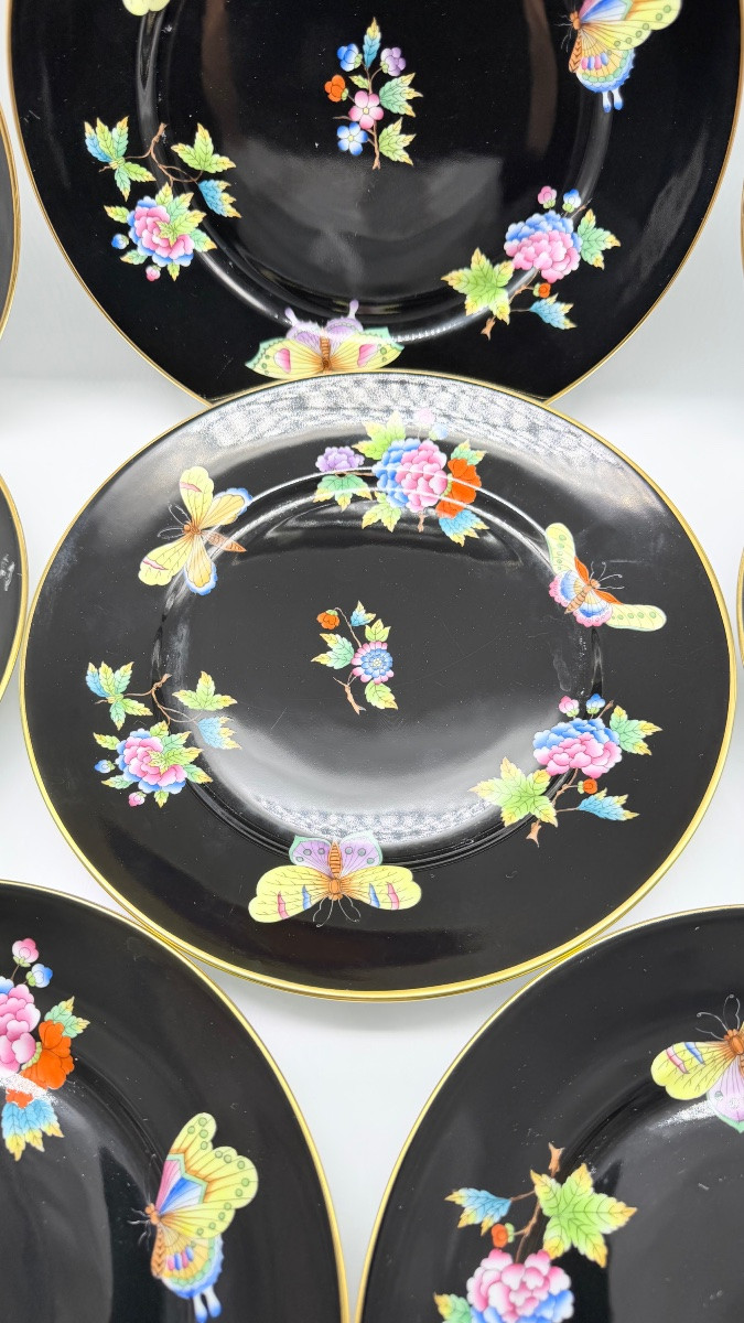 Set Of 5herend Plates Black Victoria Or Floral Butterflies Motif -photo-8