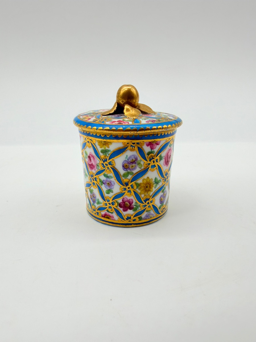 Tasse et couvercle de Sèvres, décorés de roses isolées entourées d'un ruban bleu et doré-photo-2