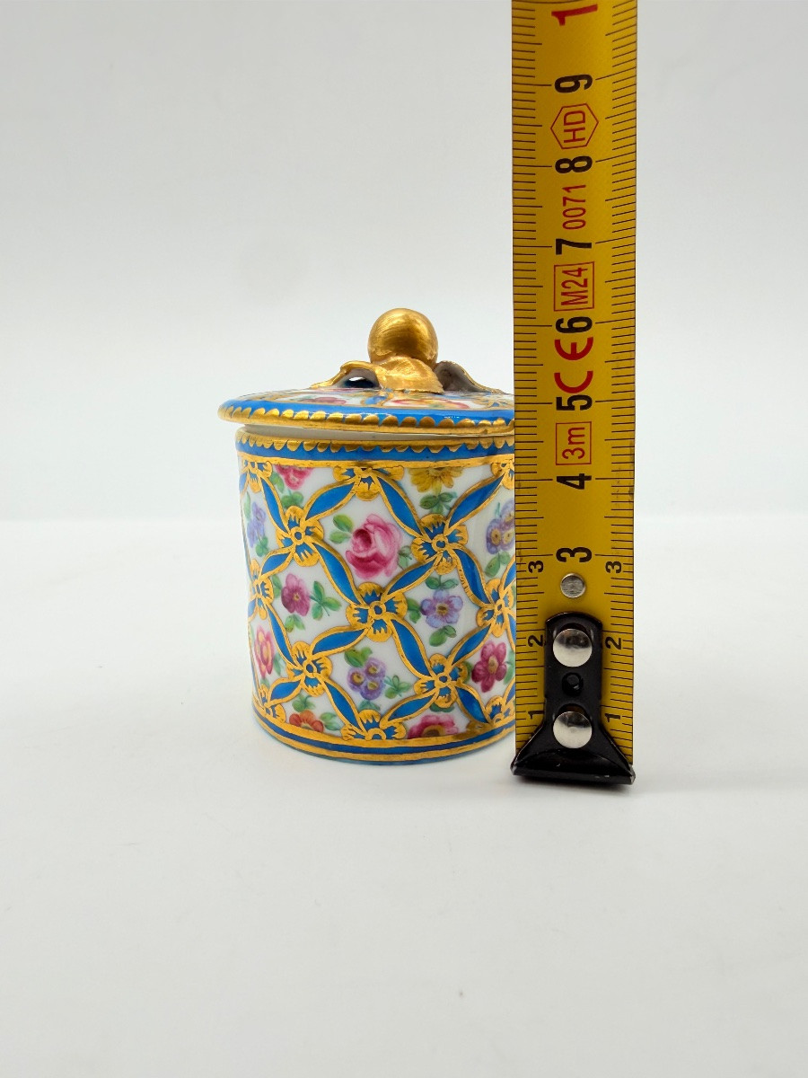 Tasse et couvercle de Sèvres, décorés de roses isolées entourées d'un ruban bleu et doré-photo-1