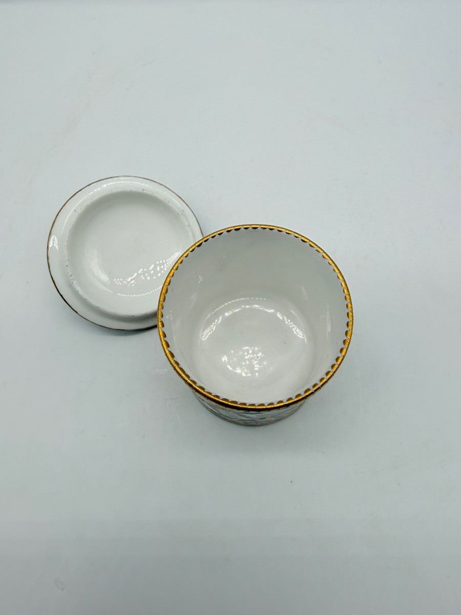 Tasse et couvercle de Sèvres, décorés de roses isolées entourées d'un ruban bleu et doré-photo-5