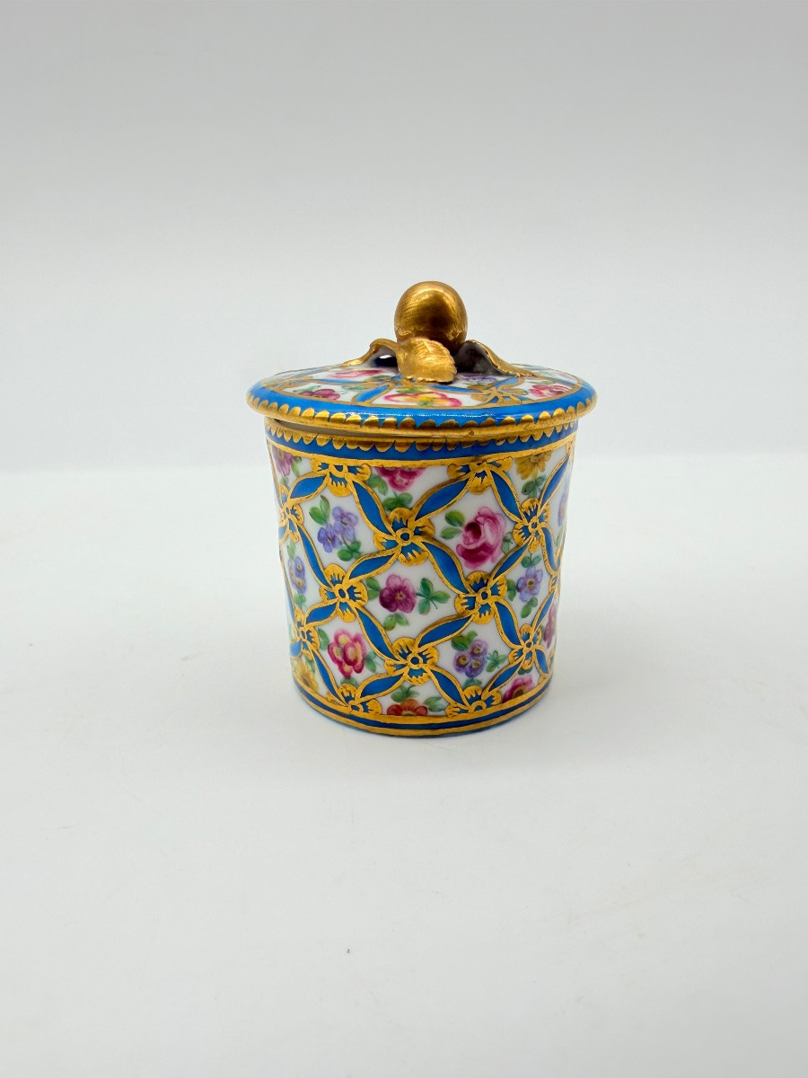 Tasse et couvercle de Sèvres, décorés de roses isolées entourées d'un ruban bleu et doré-photo-8