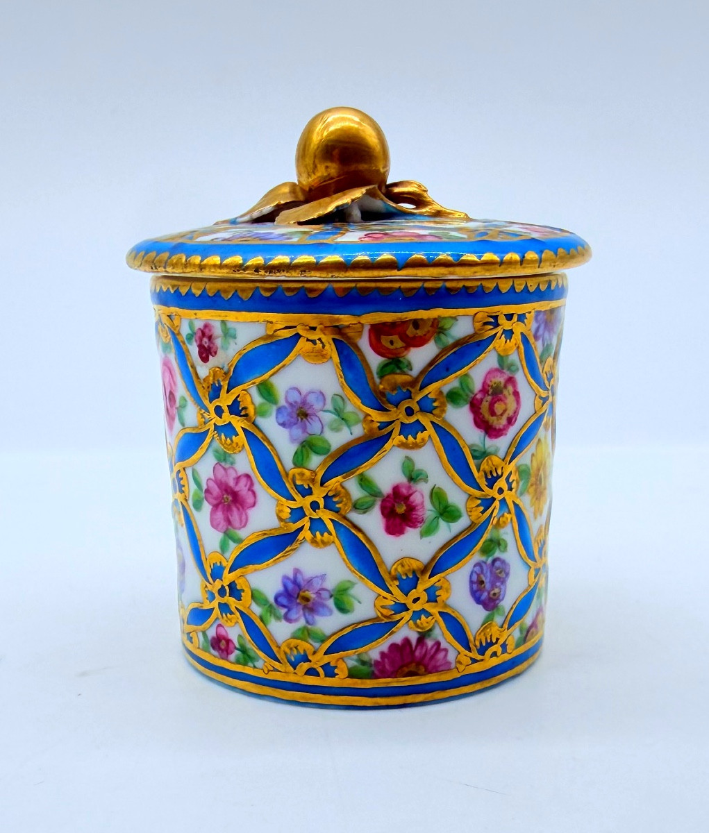 Tasse et couvercle de Sèvres, décorés de roses isolées entourées d'un ruban bleu et doré