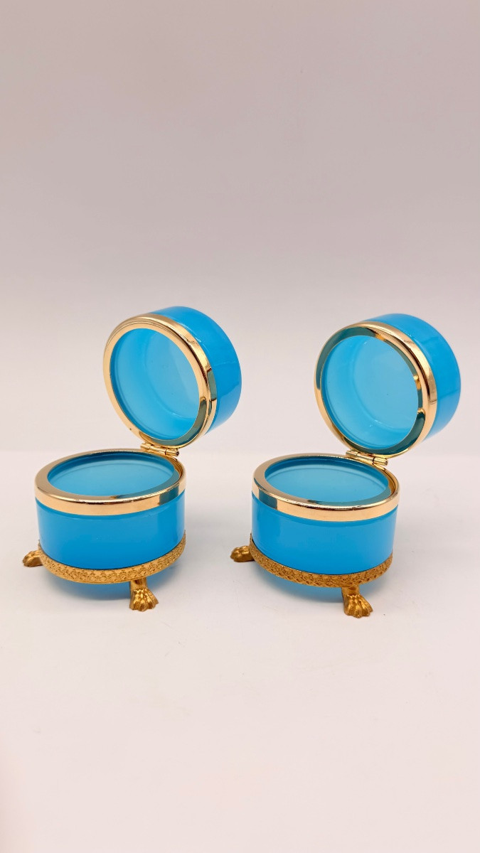 Pair Of Round French Opaline Glass Boxes Resting On Lion-shaped Feet-photo-4