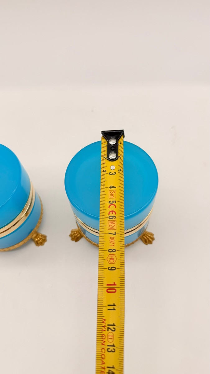 Pair Of Round French Opaline Glass Boxes Resting On Lion-shaped Feet-photo-2