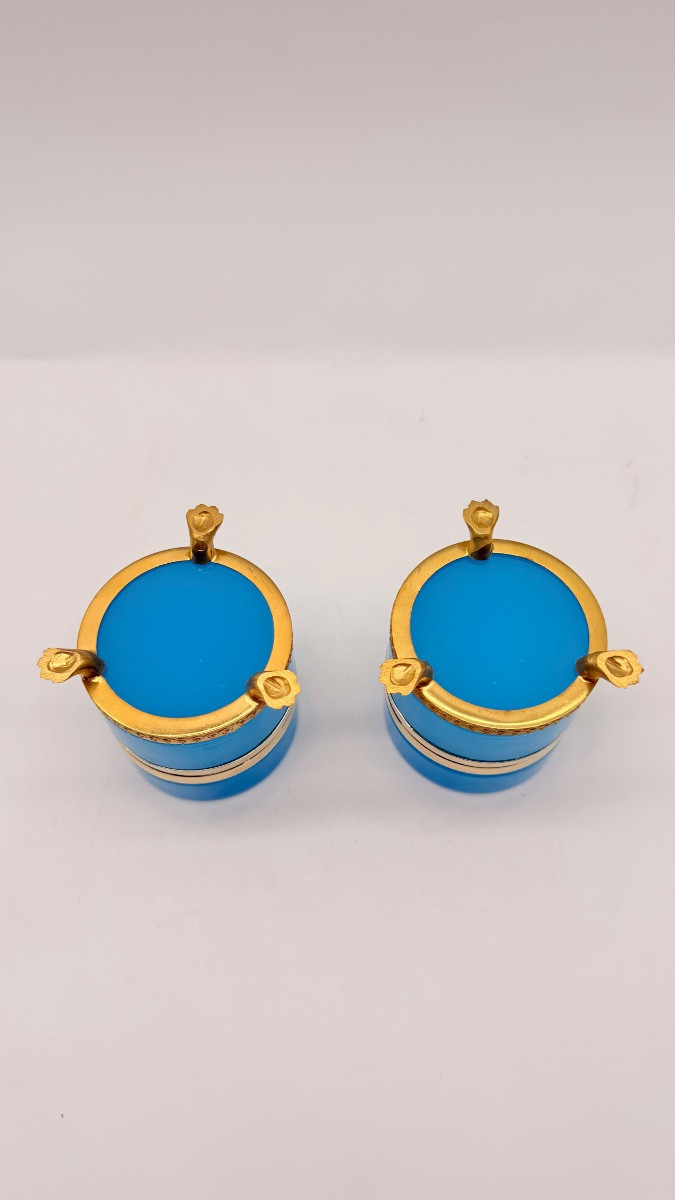 Pair Of Round French Opaline Glass Boxes Resting On Lion-shaped Feet-photo-3