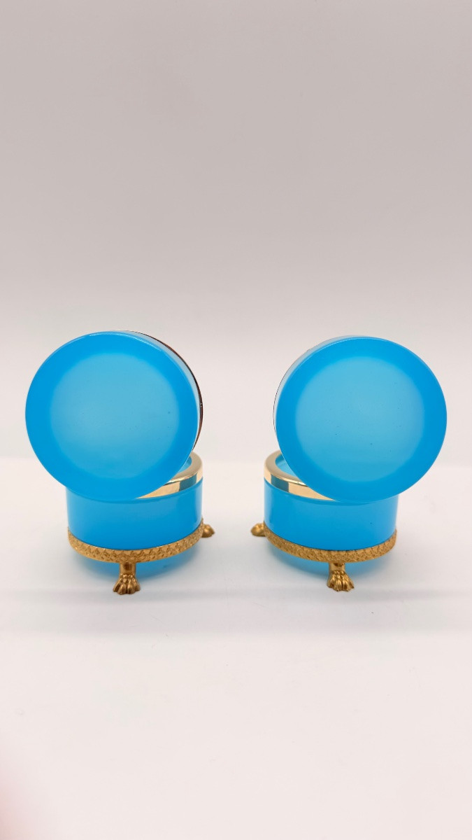 Pair Of Round French Opaline Glass Boxes Resting On Lion-shaped Feet-photo-4