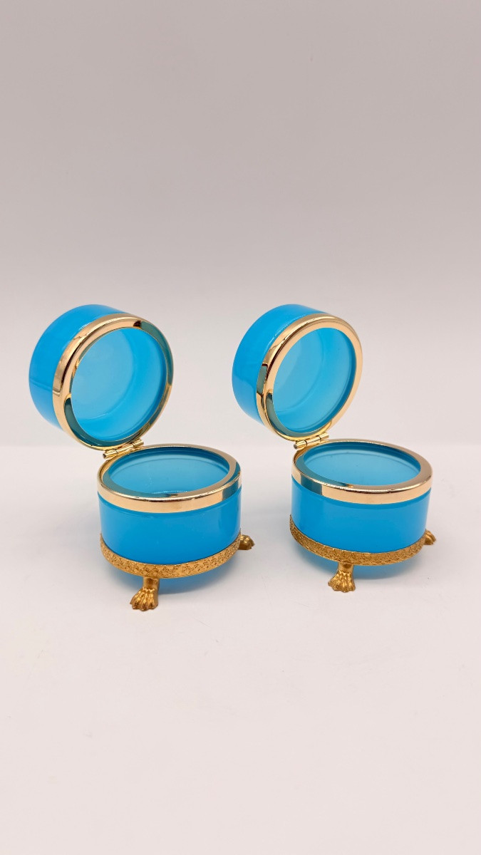 Pair Of Round French Opaline Glass Boxes Resting On Lion-shaped Feet-photo-5