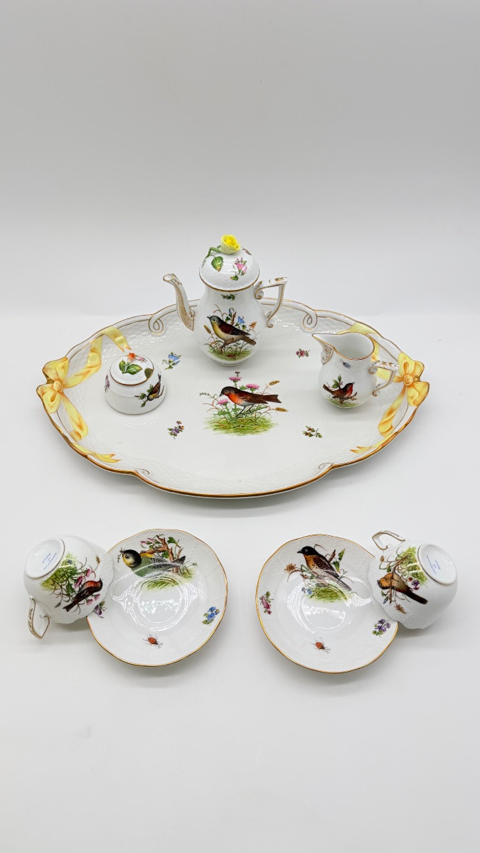 Tête-à-Tête Herend Rotchild avec plateau, service à café pour deux personnes, bordé d'or-photo-3