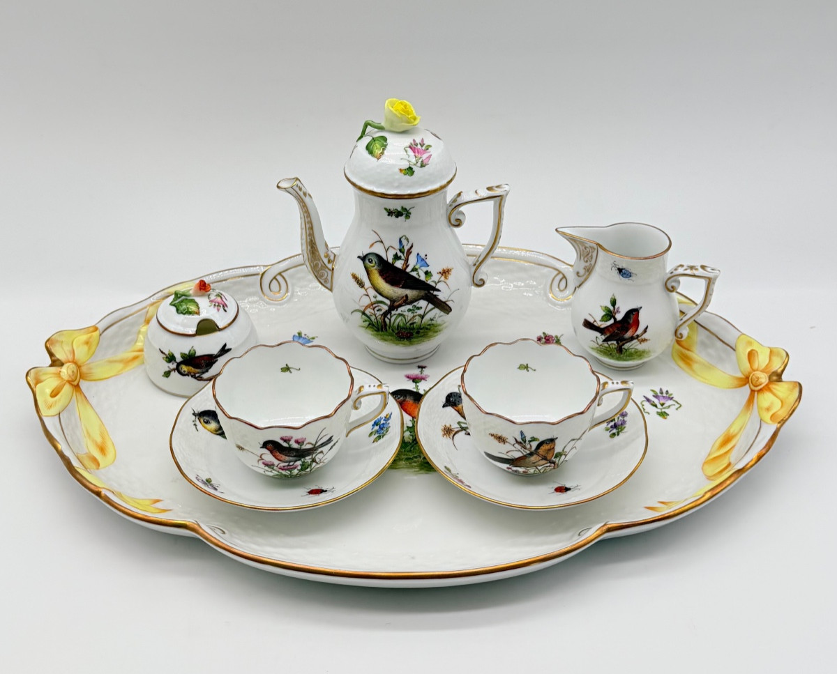 Tête-à-Tête Herend Rotchild avec plateau, service à café pour deux personnes, bordé d'or