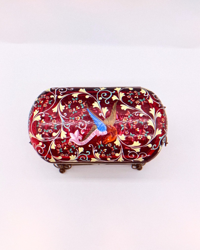 Bohemian Ruby Glass Box With Enamel Decorations, 19th Century-photo-2