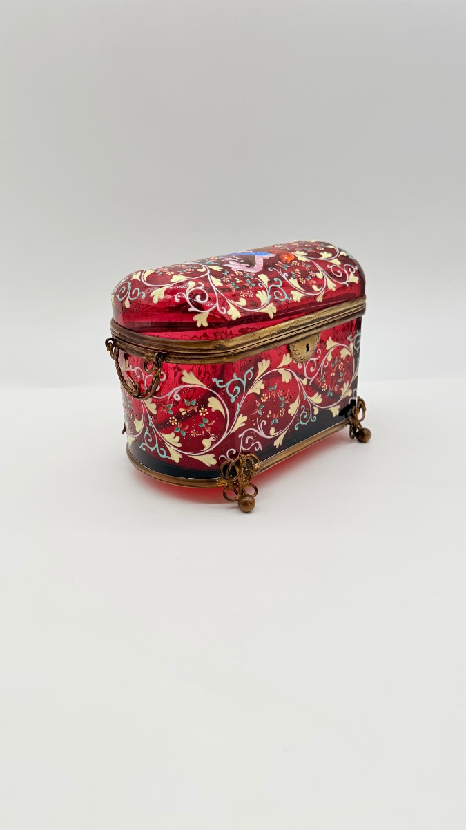 Bohemian Ruby Glass Box With Enamel Decorations, 19th Century-photo-3