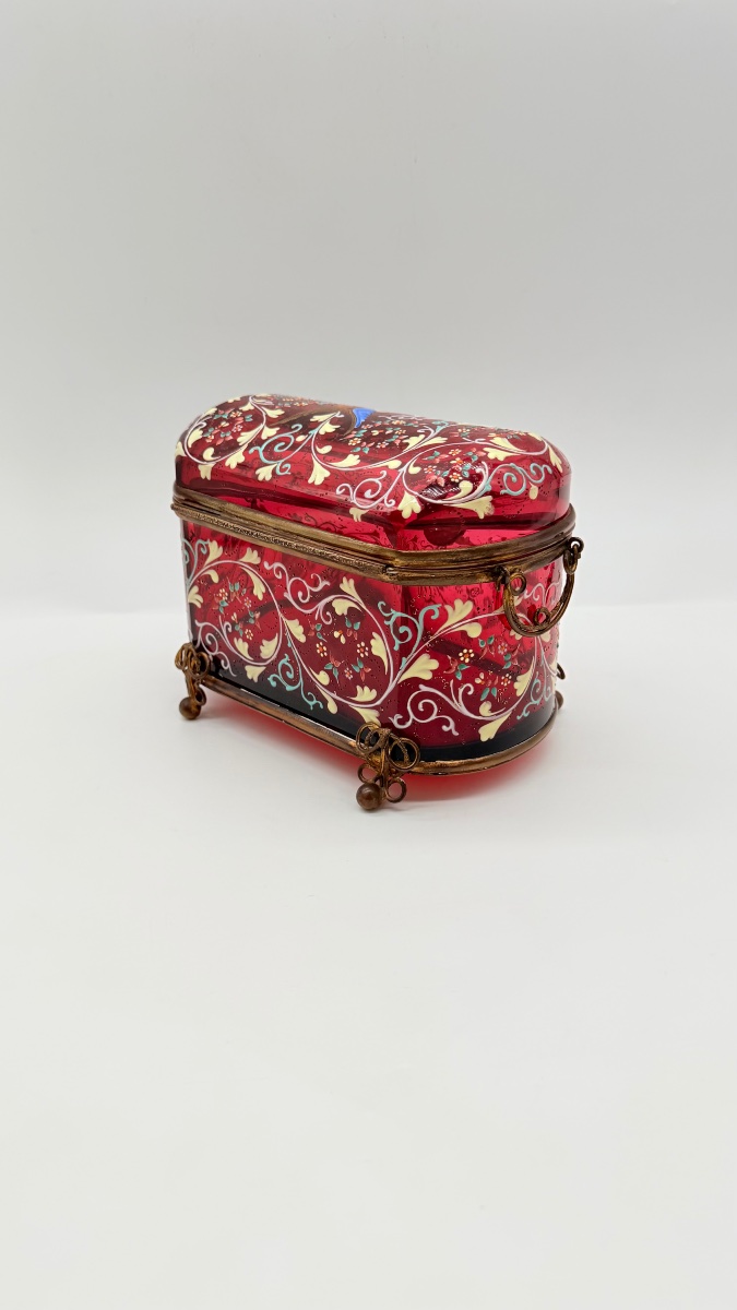 Bohemian Ruby Glass Box With Enamel Decorations, 19th Century-photo-4