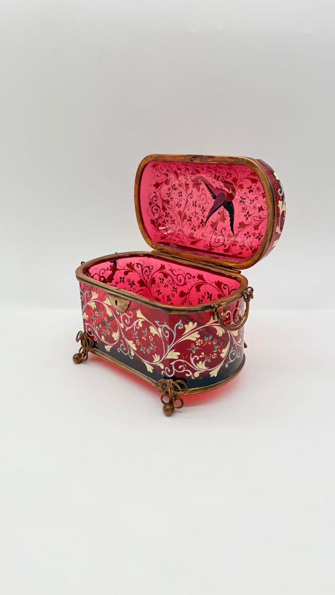 Bohemian Ruby Glass Box With Enamel Decorations, 19th Century-photo-1