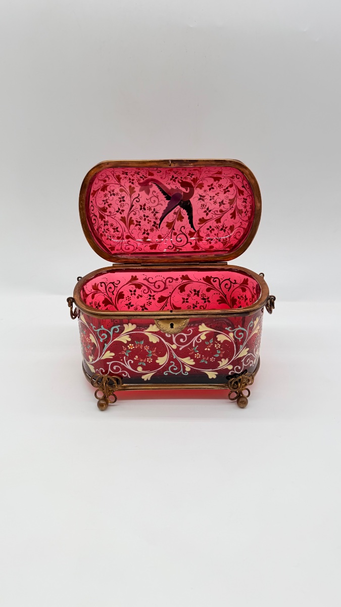 Bohemian Ruby Glass Box With Enamel Decorations, 19th Century-photo-3