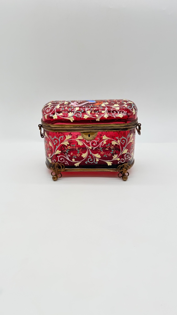 Bohemian Ruby Glass Box With Enamel Decorations, 19th Century
