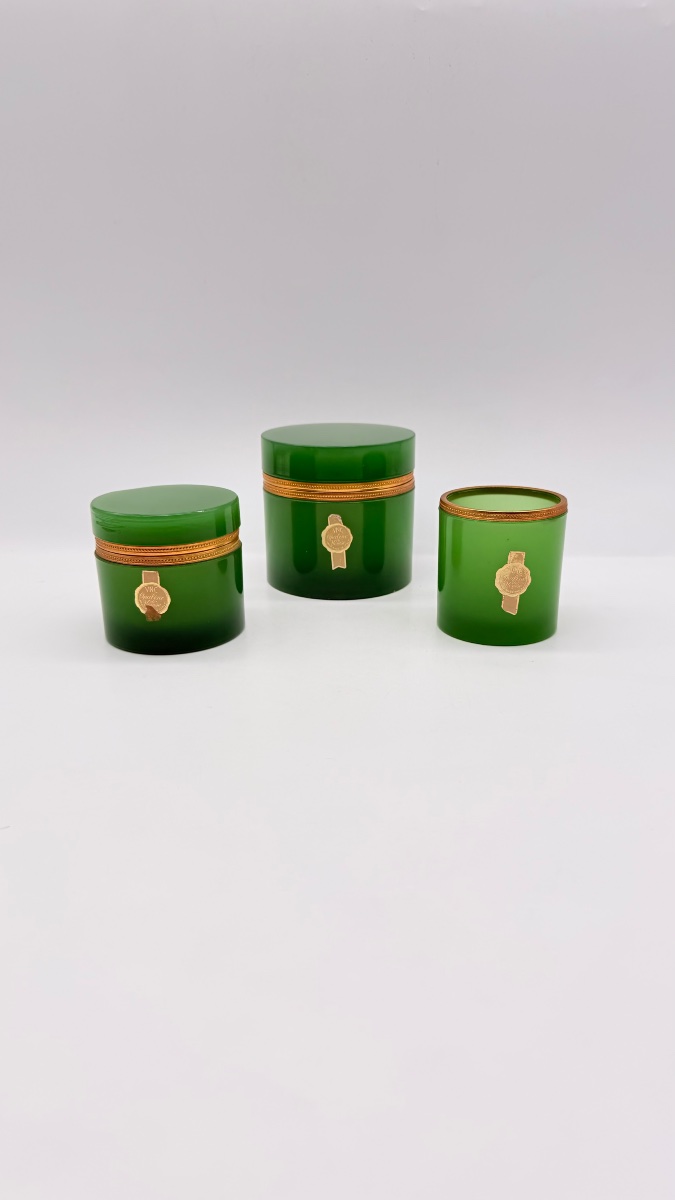 Italian Green Opaline Glass Set Of 3 Boxes , Venetian Glass-photo-5